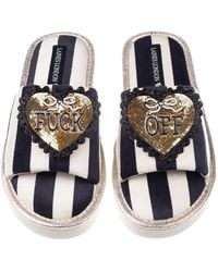 Laines London - Flatform Stripe Open Toe Slippers With & Fuck Off Brooches - Lyst