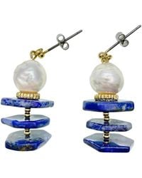 Farra - Flat Lapis Lazuli Stone With Freshwater Pearls Pin Earrings - Lyst