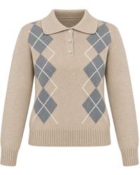 Luella Fashion - Neutrals Argyll Cashmere Blend Button-Up Collar Pattern Jumper - Lyst