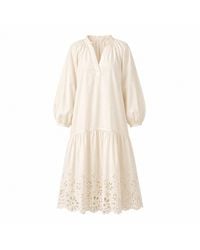 IZABELA MANDOIU - Elegant Ivory Broderie Anglaise Midi Dress With Balloon Sleeves - Lyst
