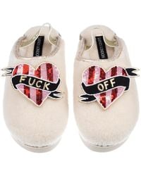 Laines London - Neutrals Flatform Cloud Slippers With & Stripe Fuck Off Heart Brooches - Lyst