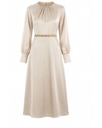 John Abgin - Neutrals Satin Embellished Midi Dress - Lyst