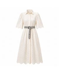IZABELA MANDOIU - Ivory Broderie Anglaise Midi Dress With Decorative Belt - Lyst