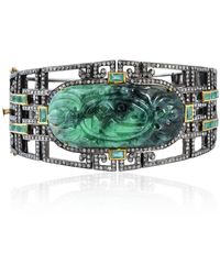 Artisan - Carved Jade & Emerald Pave Diamond In 18k Gold With 925 Silver Antique Bangle - Lyst