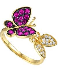Genevive Jewelry - Gold Plated Sterling Silver With Ruby & Diamond Cubic Zirconia Double Butterfly Stacking Ring - Lyst