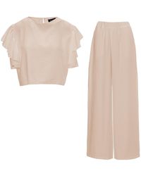 BLUZAT - Neutrals Set With Ruffled T-shirt And Trousers With Slits - Lyst