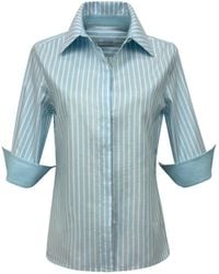 Perlavera - Sam Stripe Hidden Placket Three Quarter Sleeve Slim Fit Cotton Oxford Shirt - Lyst