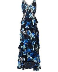Solgo Atelier - High Low Orchid Floral Printed Mulberry Silk Alexa Maxi Dress With Unique Cut-Outs Embellished With Lace Insets - Lyst