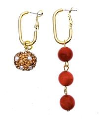Farra - Coral With Rhinestones Bordered Pearls Asymmetric Earrings - Lyst