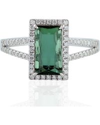 Artisan - 18k Solid White Gold In Baguette Green Tourmaline & Pave Diamond Cocktail Ring - Lyst