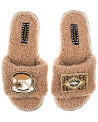 Laines London - Teddy Towelling Slipper Sliders With Tea & Biscuit Brooches - Lyst