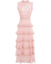 IZABELA MANDOIU - Long Ruffle Dress With Lace And Floral Motif - Lyst