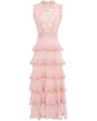 IZABELA MANDOIU - Long Ruffle Dress With Lace And Floral Motif - Lyst