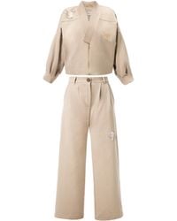 Rondooz - Neutrals Hand Painted Twill Gabardine Zip Front Top And Wide Leg Trousers Set With Hand Applied Embellishment - Lyst