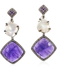 Artisan - Pave Diamond With Tanzanite & Pearl Dangle Earrings In 18k Gold 925 Sterling Silver - Lyst