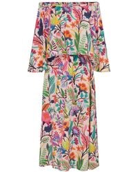 Raishma - Adela Tropical Floral Off The Shoulder Bardot Midi Summer Dress In Vibrant Multicolours - Lyst