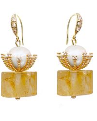 Farra - Cylinder Shaped Citrine With Freshwater Pearl Dangle Earrings - Lyst