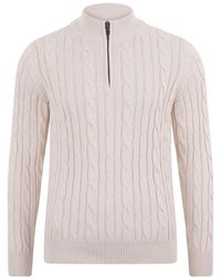 Paul James Knitwear - Neutrals Midweight Romano Cotton Cable Zip Neck Jumper - Lyst