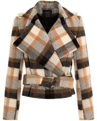 AVENUE No.29 - Neutrals Checked Wool Double Breasted Wide Lapel Jacket With Belt - Lyst