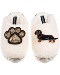 Laines London - Neutrals Teddy Closed Toe Slippers With Paw & & Tan Dachshund Brooches - Lyst
