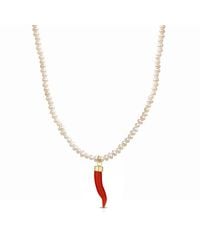 Unaloe - Baroque Pearl Necklace With-Plated Coral Cornicello - Lyst