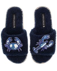 Laines London - Teddy Toweling Slipper Slider With Mediterranean Crab & Lobster Brooches - Lyst