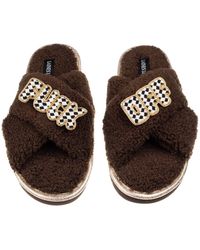 Laines London - Neutrals Laines Neutral Boucle Slippers With Chequered Fuck Off Brooches - Lyst