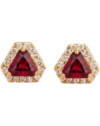 Juvetti - Diana Ruby Triangle Cut & Diamond Halo Stud Earrings - Lyst