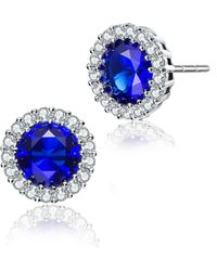 Genevive Jewelry - Sterling Silver With Rhodium Plated Clear Round Cubic Zirconia With Small Clear Round Cubic Zirconia Halo Accent Stud Earrings - Lyst