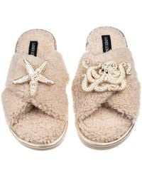 Laines London - Neutrals Laines Neutral Boucle Slippers With Pearl Starfish & Octopus Brooches - Lyst