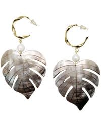 Farra - Neutrals Leaves Shaped Shell With Pearls Hook Earrings - Lyst