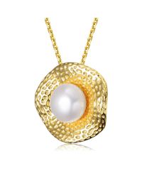Genevive Jewelry - Sterling Silver Gold Plated With Genuine Freshwater Pearl Hammered Pendant Necklace - Lyst