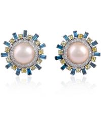 Artisan - 18K Pearl, Colored Diamond & Diamond Sunburst Stud Earrings - Lyst
