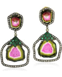 Artisan - Gold Silver Diamond Designer Tourmaline Emerald Dangle Earrings Gemstone - Lyst