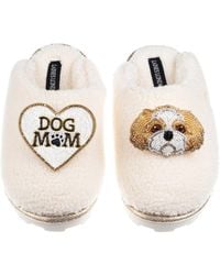 Laines London - Neutrals Teddy Closed Toe Slippers With Dog Mum Mom & & Shih Tzu Brooches - Lyst