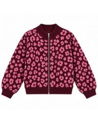 LAtelier London - Burgundy Floral Knit Cardigan With Ribbed Trims - Lyst
