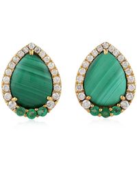 Artisan - 18k Yellow Gold Pave Diamond Malachite Emerald Pear Shape Stud Earrings Jewelry - Lyst