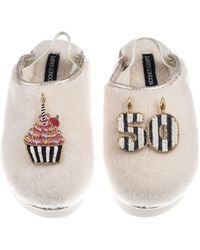 Laines London - Neutrals Flatform Cloud Closed Toe Slippers With Stipe 50Th Birthday & Cake Brooches - Lyst