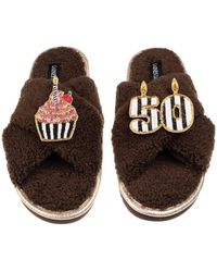 Laines London - Neutrals Laines Neutral Boucle Slippers With Stripe 50Th Birthday & Cake Brooches - Lyst