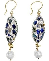 Farra - Rhinestones Bordered Lapis With Freshwater Pearls Dangle Earrings - Lyst