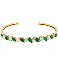 Artisan - 18k Gold With Marquise And Pear Shape In Diamond & Emerald Cuff Flexible Bangle - Lyst