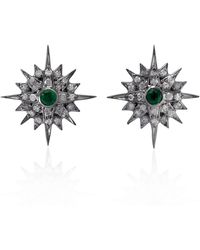 Artisan - 18k Gold & 925 Sterling Silver In Pave Diamond With Bezel Set Emerald Star Stud Earrings - Lyst