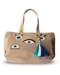Casa Duniya - Neutrals Corfu Hand-Painted Evil Eye Canvas Tote Bag With Tassels - Lyst