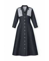 House of Gl - Hematite Dark Wash Denim A-Line Midi Shirt Dress With Contrast Cotton Panels - Lyst