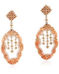 Artisan - 18k Yellow Gold Diamond Designer Dangle Earrings Carving Shell Cameo Gemstone Jewelry - Lyst