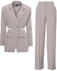 BLUZAT - Neutrals Suit With Blazer With Waistline Cut-out And Stripe Detail Trousers - Lyst