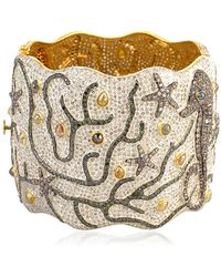Artisan - 18k Gold & 925 Silver In Ice Diamond With Sea Life Design Cuff Bracelet Bangle - Lyst