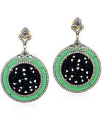 Artisan - 18k Gold Silver With Carved Black & Green Onyx Gemstone Pave Diamond Dangle Earrings - Lyst
