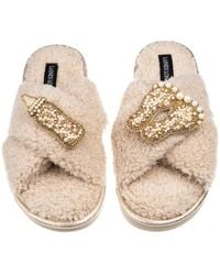 Laines London - Neutrals Laines Neutral Boucle Slippers With New Baby Brooches - Lyst