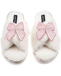 Laines London - Neutrals Laines Neutral Boucle Slippers With Stripe Bow Brooches - Lyst